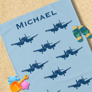 Birthday Boy Vintage Airplane Corsair Blue Beach Towel