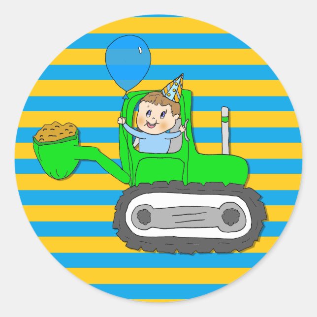 Birthday Boy with Balloon in Tractor Classic Round Sticker (Front)