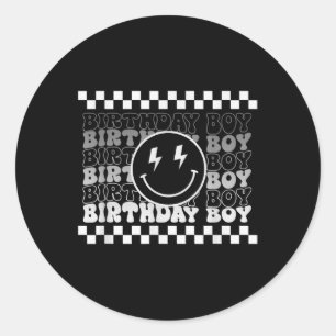 Birthday Boys Groovy Smile Face Checkered Birthday Classic Round Sticker