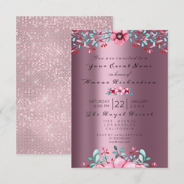 Birthday Bridal Floral Bohemian Eggplant Sparkly Invitation (Front/Back)