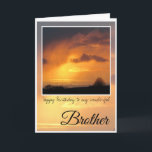 Birthday Brother, Bright Sun Behind Storm Clouds Card<br><div class="desc">Happy Birthday Brother. Deep orange sun glowing behind dark,  wispy storm clouds. Text says: Happy Birthday to my wonderful Brother. Inside card is blank.</div>
