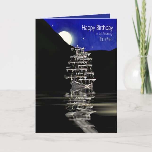 Birthday, Brother,  Ship with Sails, Night Card (Front)