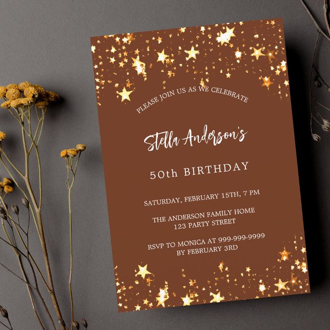 Birthday brown gold stars invitation postcard (Creator Uploaded)