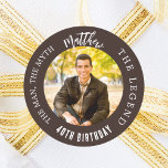 Birthday brown photo man myth legend classic round sticker<br><div class="desc">A trendy bistre, brown background. Text: The Man, The Myth, The Legend. Personalize and add his name, age and photo.</div>