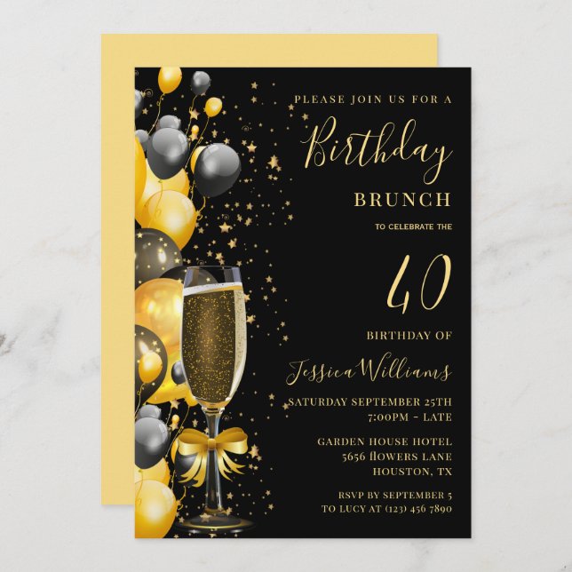 Birthday Brunch Balloons & Champagne Invitation (Front/Back)