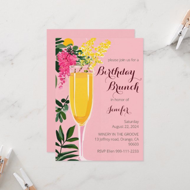 Birthday Brunch mimosa watercolor Invitation (Front/Back In Situ)
