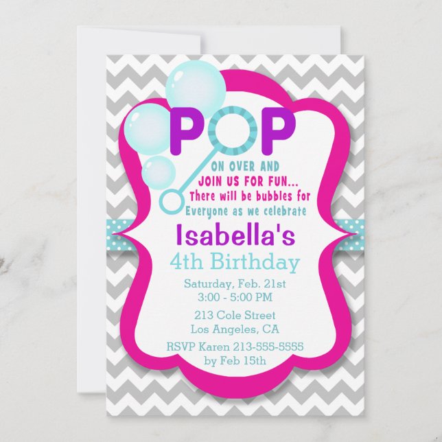Birthday Bubble Pop Pink & Purple Party Invitation (Front)