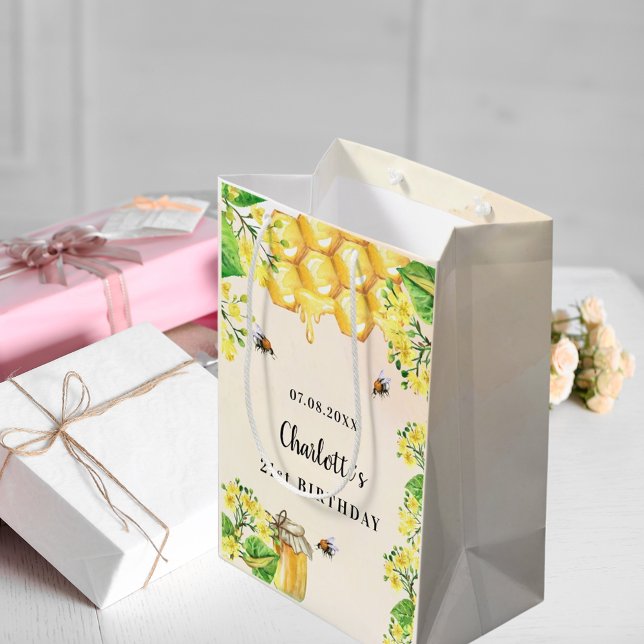 Birthday bumble bees honey yellow florals monogram medium gift bag (Creator Uploaded)