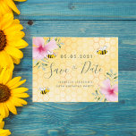 Birthday bumble bees party save the date postcard<br><div class="desc">A Save the Date card for a 50th summer birthday party. Yellow, white background with a honeycomb pattern. Decorated with pink coloured tropical florals flowers, hibiscus and happy bumble bees. Templates for a date and name/age 50. Green, grey coloured letters. The text: Save the Date is written with a large...</div>