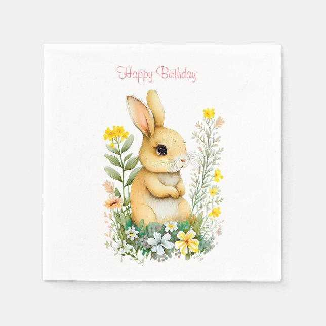 Birthday Bunny & Flowers on White Napkins (Front)