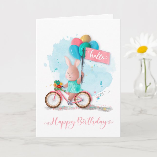 Birthday Bunny with Banner and Balloons  Card (Small Plant)