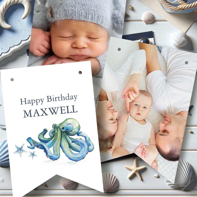 Birthday Bunting Flags Kids Nautical Octopus Photo (Birthday party signs nautical blue under the sea theme watercolor octopus art Victoria Grigaliunas)