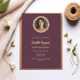 Birthday burgundy diamond photo invitation