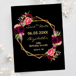 Birthday burgundy floral black Save the Date Postcard<br><div class="desc">A Save the date card for a 50th (or any age) birthday party. On front: Trendy bohemian boho style. Decorated with watercolored roses in burgundy and pink. Elegant black background. A faux gold geometric frame and templates for a name, date and age. Burgundy coloured letters. The name and the text:...</div>