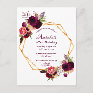 Birthday burgundy floral gold invitation postcard
