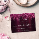 Birthday burgundy glitter drips save the date announcement postcard<br><div class="desc">A Save the Date card for a 21st,  (or any age) birthday party. A deep burgundy metallic looking background decorated with faux glitter drips,  paint dripping look. Personalize and add a date and name/age.  The text: Save the Date is written with a hand lettered style script with swashes.</div>