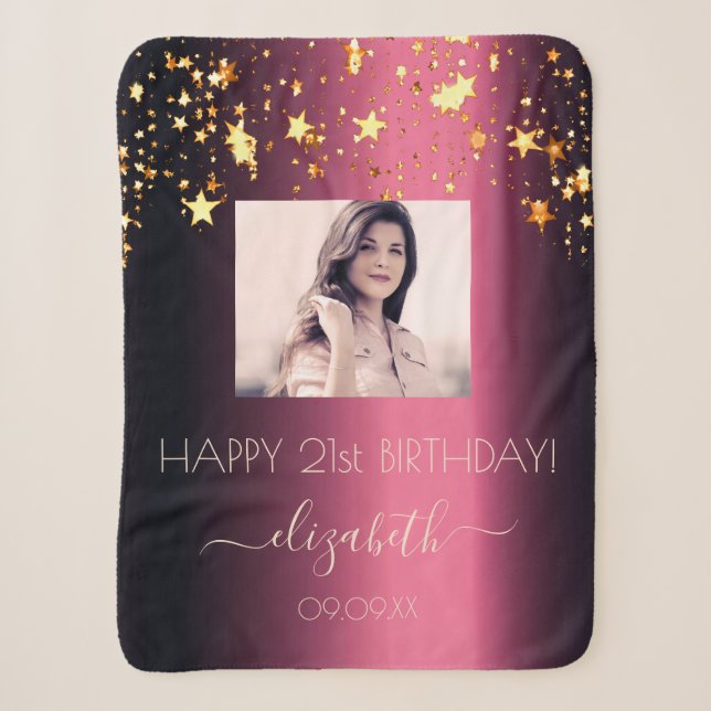 Birthday burgundy gold stars pink photo sherpa blanket (Front)