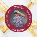 Birthday burgundy photo man myth legend classic round sticker<br><div class="desc">A burgundy background.   Text: The Man,  The Myth,  The Legend. Personalize and add his name,  age and photo.</div>