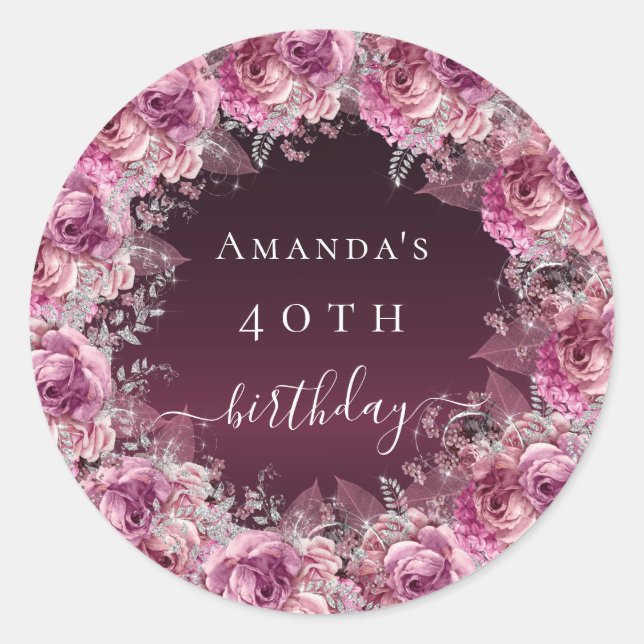 Birthday burgundy pink floral name script classic round sticker (Front)