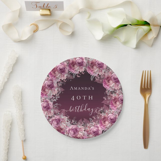 Birthday burgundy pink floral name script paper plate (Wedding)