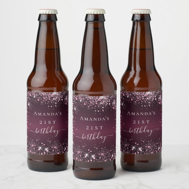 Birthday burgundy pink glitter dust name script beer bottle label (Bottles)