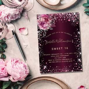 Birthday burgundy pink glitter florals invitation