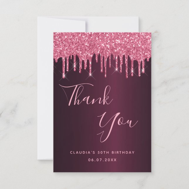 Birthday burgundy pink name thank you card (Front)