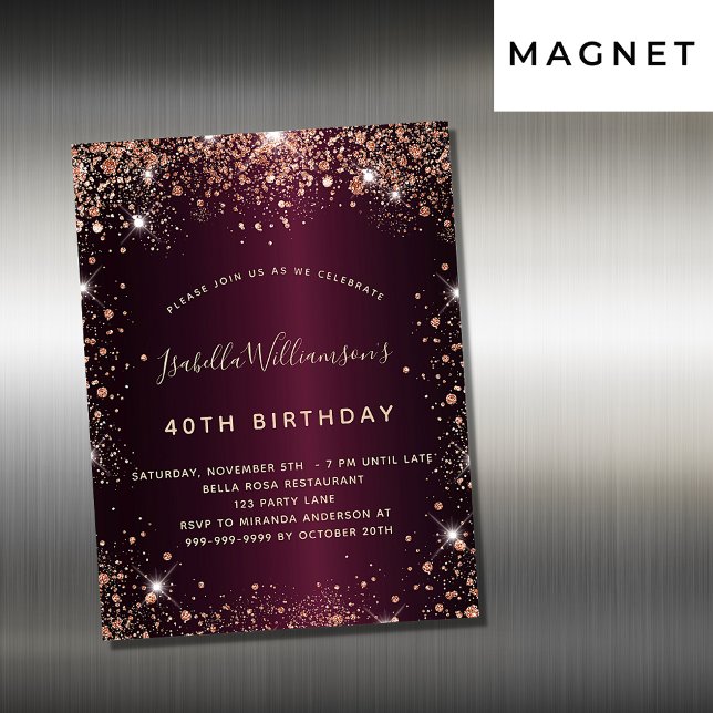 Birthday burgundy rose gold magnet invitation (Creator Uploaded)