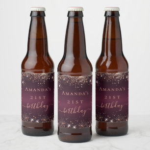 Birthday burgundy rose gold name script beer bottle label