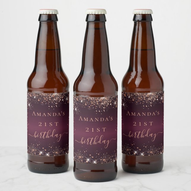 Birthday burgundy rose gold name script beer bottle label (Bottles)
