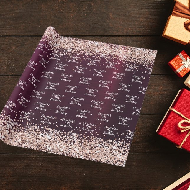 Birthday burgundy rose gold name wrapping paper (Creator Uploaded)