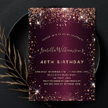 Birthday burgundy rose gold sparkles invitation<br><div class="desc">For an elegant 40th (or any age) birthday.  A burgundy background colour. Decorated with rose gold faux sparkles. Personalize and add a name,  age and party details. The name is written with a hand lettered style script</div>
