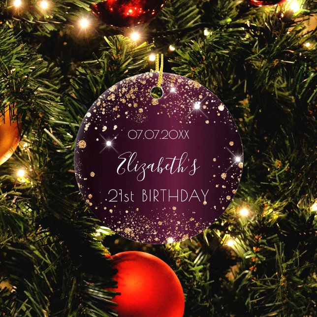Birthday burgundy rose gold sparkles name elegan ceramic ornament (Creator Uploaded)