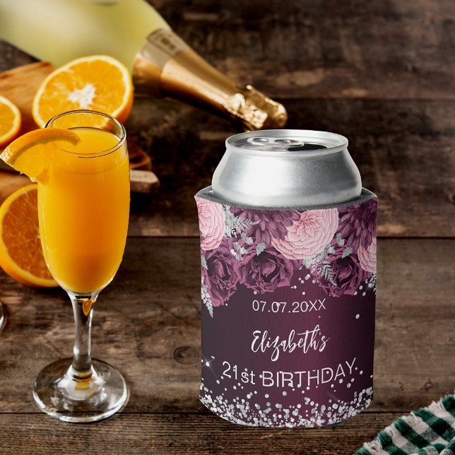 Birthday burgundy silver pink flowers can cooler (Creator Uploaded)