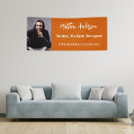 Birthday burnt orange photo man myth legend banner<br><div class="desc">A banner for a 40th (or any age) birthday party for guys. A trendy burnt orange coloured background. Personalize and add your own photo of the birthday boy/man. The text: The name in white with a modern hand lettered style script. Personalize and add a name, age 40 and a text....</div>