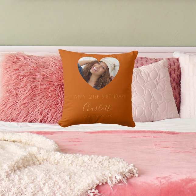 Birthday burnt orange photo name script throw pillow (Creator Uploaded)