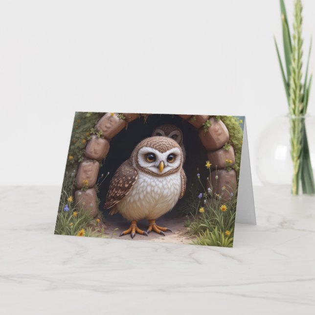 Birthday Burrowing Owls In a Cave Card (Front)
