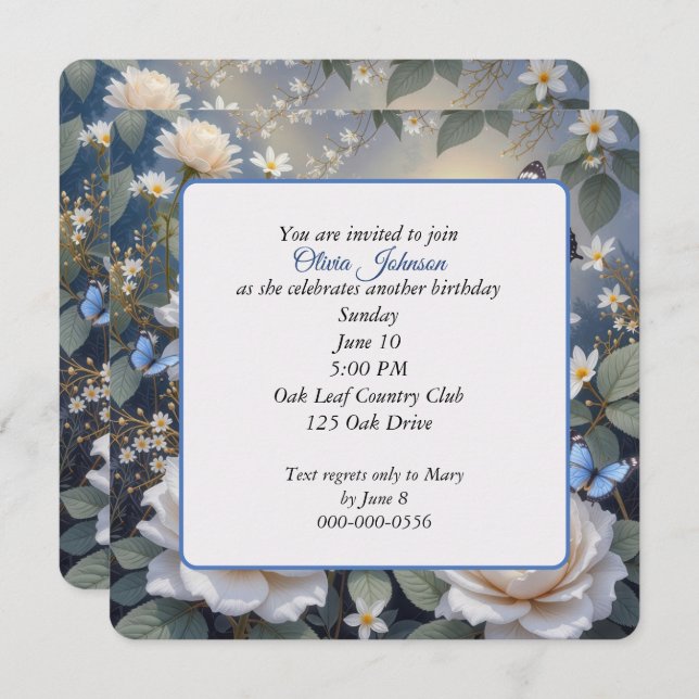 Birthday Butterflies On White Roses and Daisies Invitation (Front/Back)