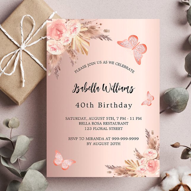 Birthday butterfly pampas grass blush rose gold invitation postcard (Creator Uploaded)
