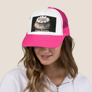 Birthday Cake Adorned Creamy White Pieces Top Pink Trucker Hat