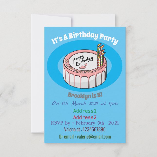 Birthday cake cartoon illustration invitation (Front)