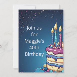 Birthday Cake & Confetti on Dark Blue Birthday Invitation