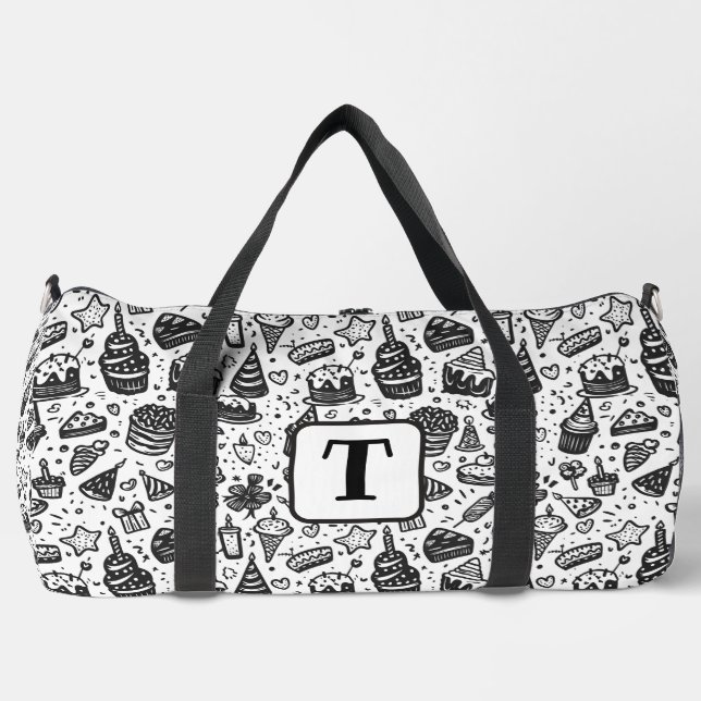 Birthday cake doodle black and white pattern 2 duffle bag (Front)