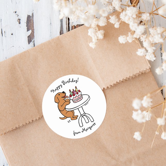 Birthday Cake Fox Red Labrador Cartoon Plain Classic Round Sticker (Birthday Cake Fox Red Labrador Stickers for celebrating Birthday.  Cute Fox Red Lab Cartoon Design.)