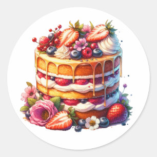 Birthday Cake full of Berries and Flowers Classic Round Sticker