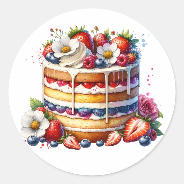 Birthday Cake full of Berries Classic Round Sticker (Front)