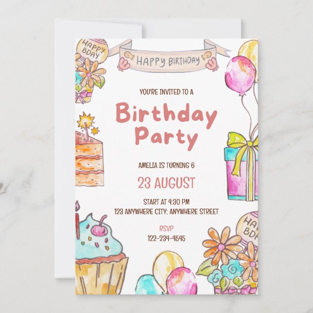 Birthday Cake Kids Party Invitation  (Devant)