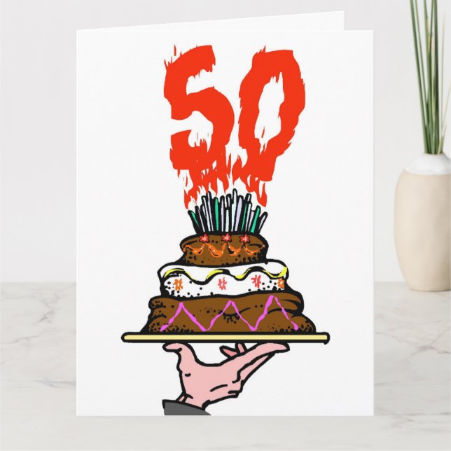 Birthday Cake on Fire with 50 Candles Card (Front)