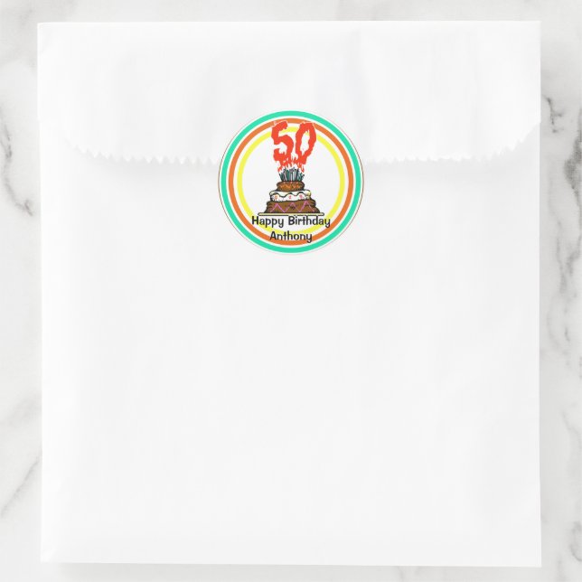 Birthday Cake on Fire with 50 Candles Classic Round Sticker (Bag)