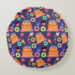 Birthday Cake Pastry Pattern Design Round Pillow